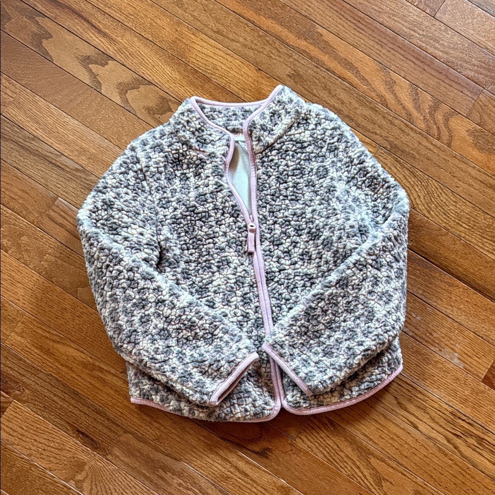Kids Cozy Sherpa Zip-Up Jacket in Light Gray with Pink Trim
